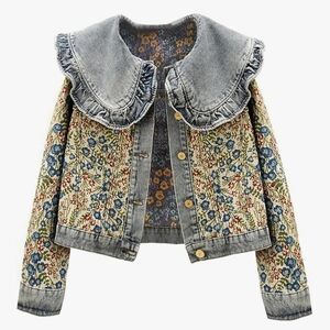 BLUEFIRE Bohemian Jacquard Denim Jacket Peter Pan Collar Brocade Floral NWT